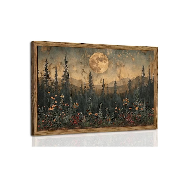 1-Piece Framed Vintage Moon Forest Wall Art Poster Hand Drawn Sandstone Woodland Wildflower Picture 12 in. x 16 in.