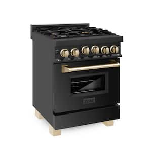 Autograph Edition 24 in. 4 Burner Single Oven Gas Range with Polished Gold Accents in Black Stainless Steel
