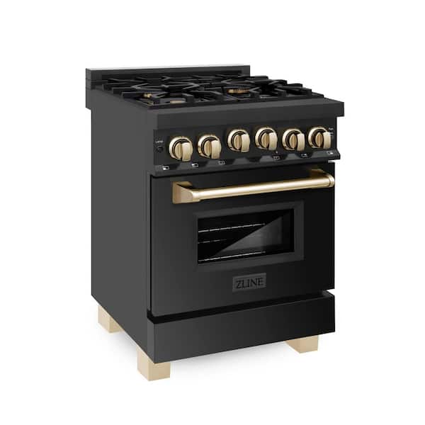 ZLINE Kitchen and Bath Autograph Edition 24 in. 4 Burner Single Oven Gas Range with Polished Gold Accents in Black Stainless Steel