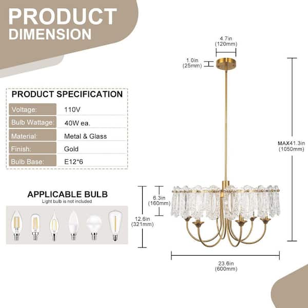 Emeritpro Modern 6 Light Natural Copper Chandelier with Clear