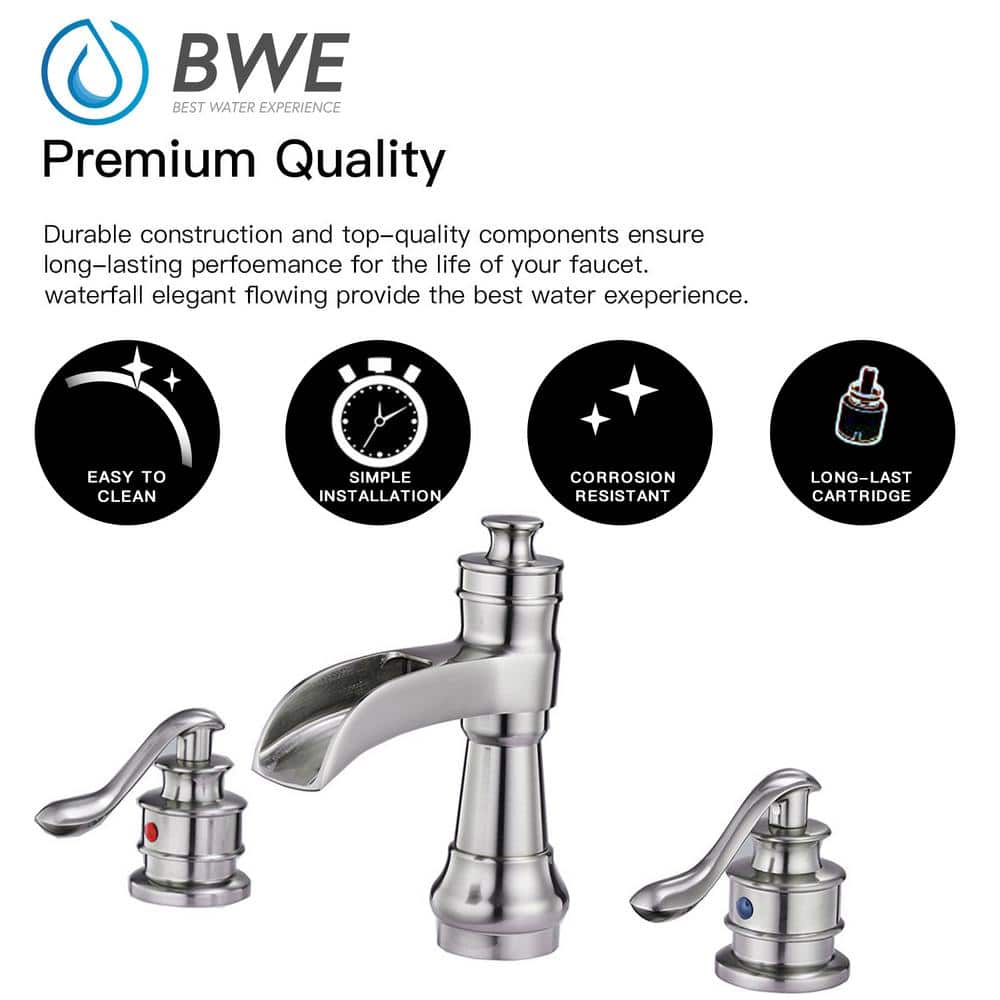 Brushed Nickel 8-Inch Widespread Waterfall Bathroom Faucet with Lever Handles