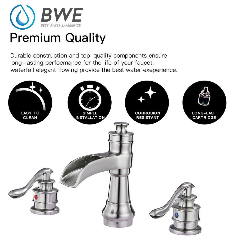 Brushed Nickel 8-Inch Widespread Waterfall Bathroom Faucet