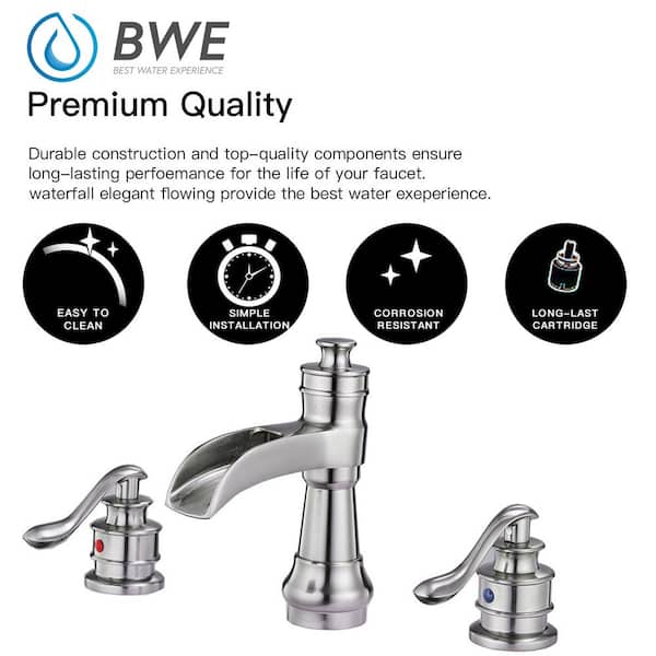 BWE 8 in. Waterfall Widespread 2-Handle Bathroom Faucet With Pop