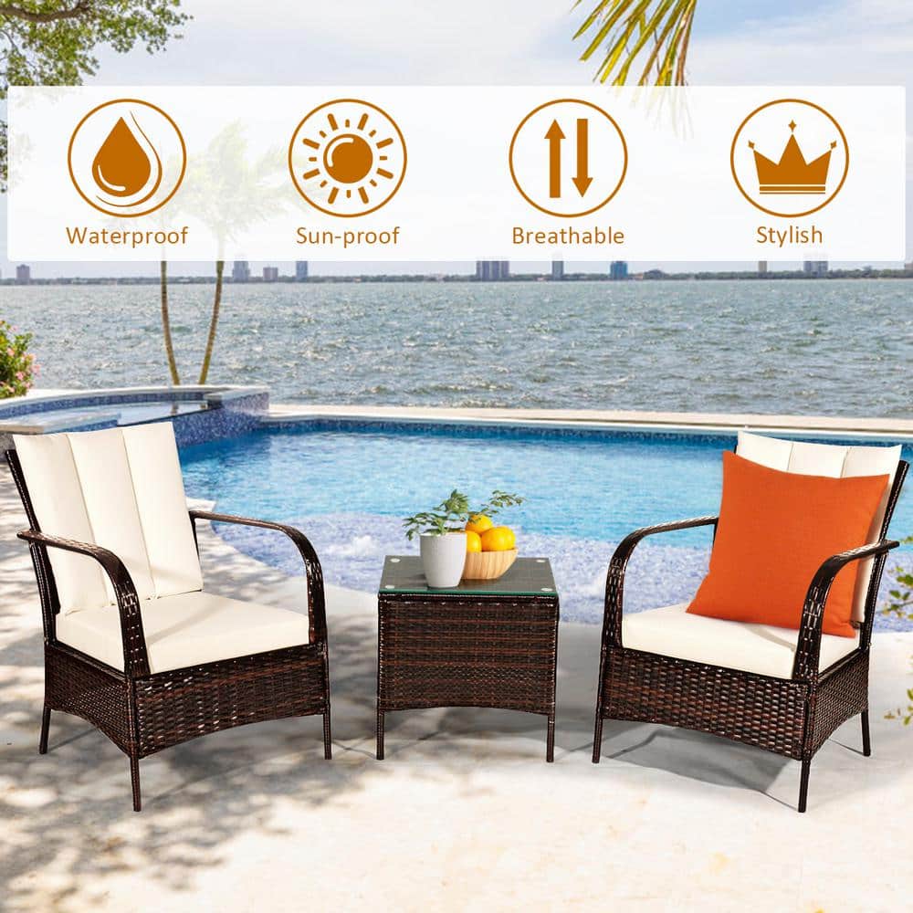 3-Piece Beige Rattan Patio Set with Cushions and Glass Table