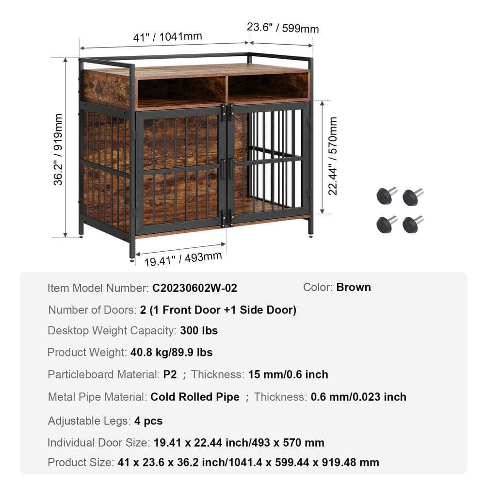 Large Rustic Brown Wooden Dog Crate with Storage