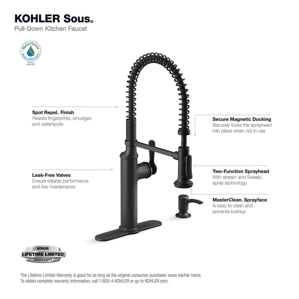 Matte Black Industrial Pull Down Kitchen Faucet with Soap Dispenser