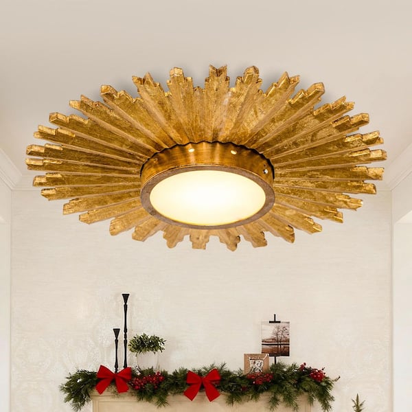 21.65 in. 16-Watt Integrated LED Gilt Wood Sunburst Flush Mount Ceiling Light Fixture
