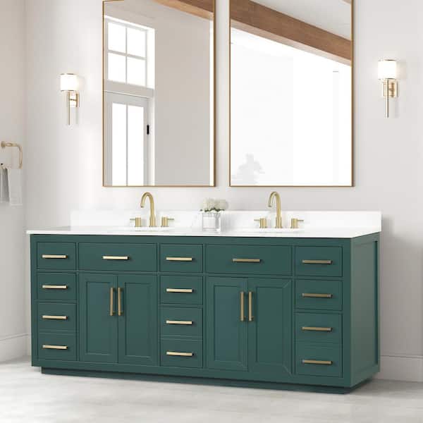 HBEZON Aphrodite 84 in. W x 22 in. D x 36 in. H Freestanding Bath Vanity in Green with White Quartzite Top and Double Sink