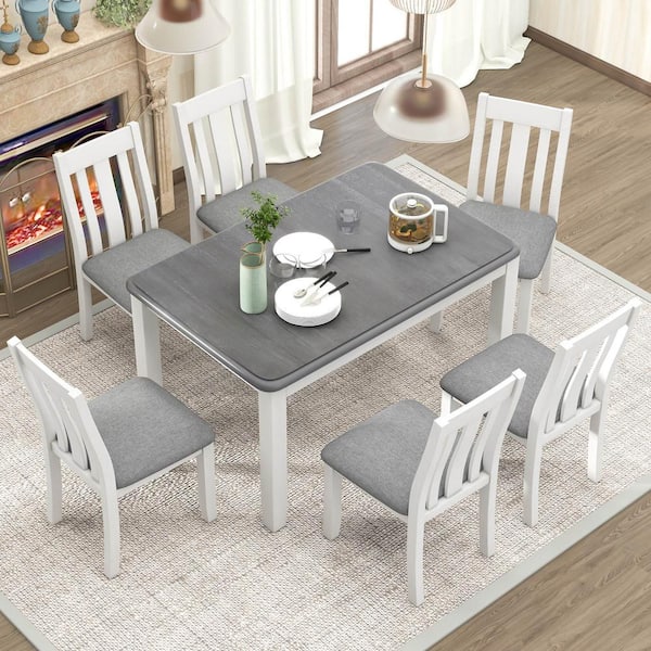 Polibi 7-Piece Retro White/gray Extendable Wood Top Dining Room Set Seats 6