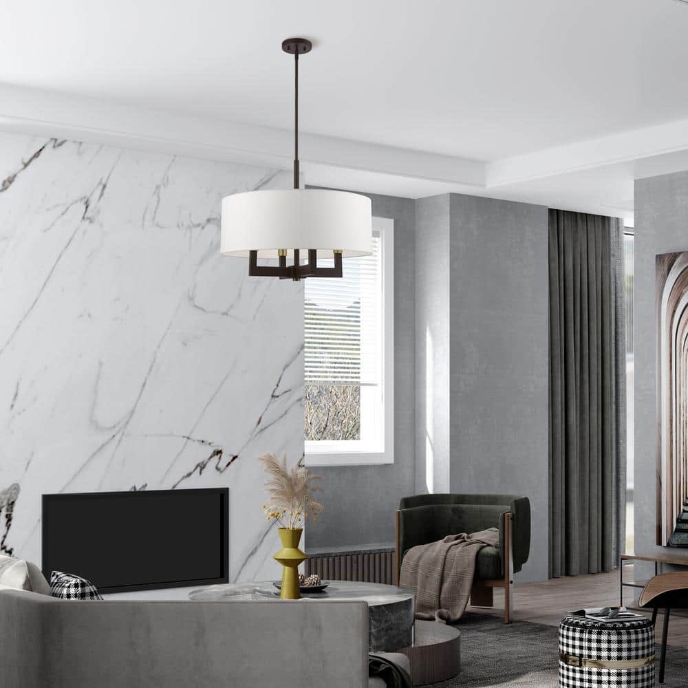 Bronze and Antique Brass 4-Light Chandelier with Off-White Shade