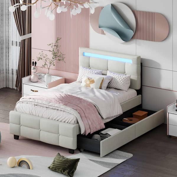 Beige Wood Frame Twin Size Platform Bed with LED Frame and 2 Drawers