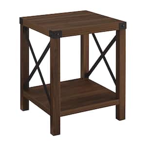 Urban Industrial 18 in. Dark Walnut Square Metal X Accent Side Table with Lower Shelf