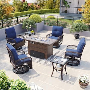 7 Piece Wicker Outdoor Patio Fire Pit Set, Swivel Rocking Chairs Set with Blue Cushions, Coffee Table and Firepit Table