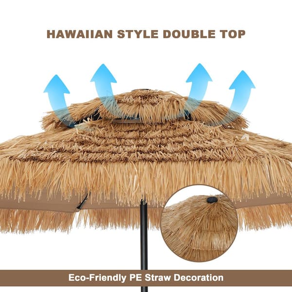9 ft. Thatched Tiki Beach Umbrella 2-Tier Patio Umbrella with LED Light and Umbrella Base in Natural Color