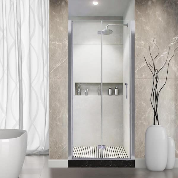 Lonni 30-31.5 in. W x 72 in. H Frameless Bifold Shower Doors with 1/4 in. Thick Clear Tempered Glass in a Chorme Finish.