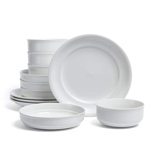 Over and Back Rimmed 12-Piece Semi-Matte White Hand-Finished Stoneware Dinnerware Set, Service for 4