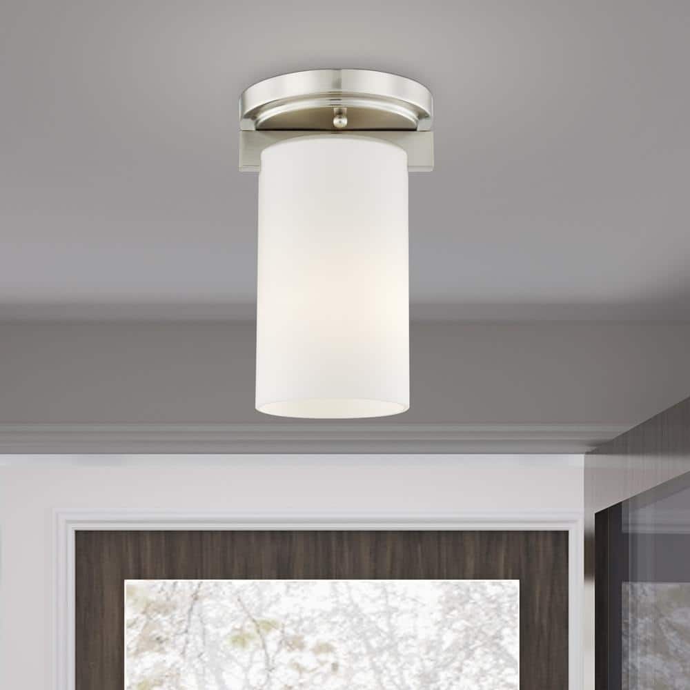 Delray 5 in. 1-Light Brushed Nickel Industrial Flush Mount with Satin Opal White Glass and No Bulbs Included
