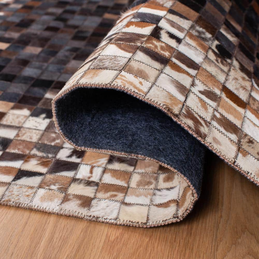 Beige and Brown Hand-Knotted Geometric Cowhide Rug