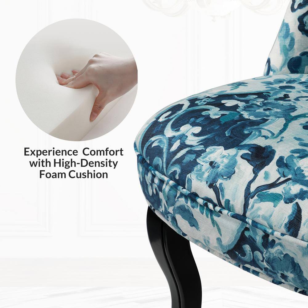 Indigo Floral Velvet Accent Chair with Black Wooden Legs