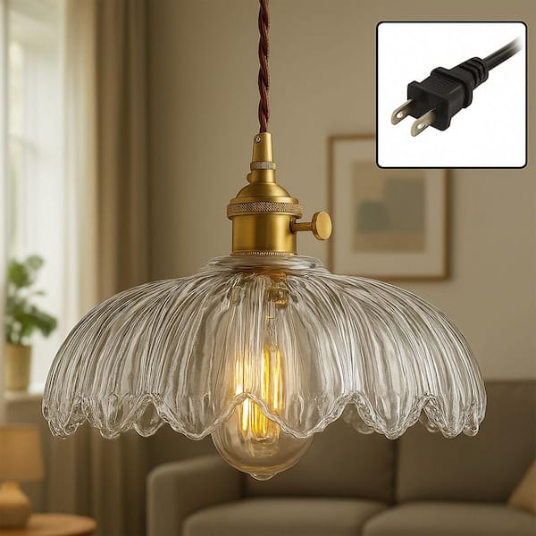 Modern 1-Light Clear Mid-Century Plug-In Hanging Pendant Light with Ribbed Flower Glass Shade Kitchen Island Chandelier