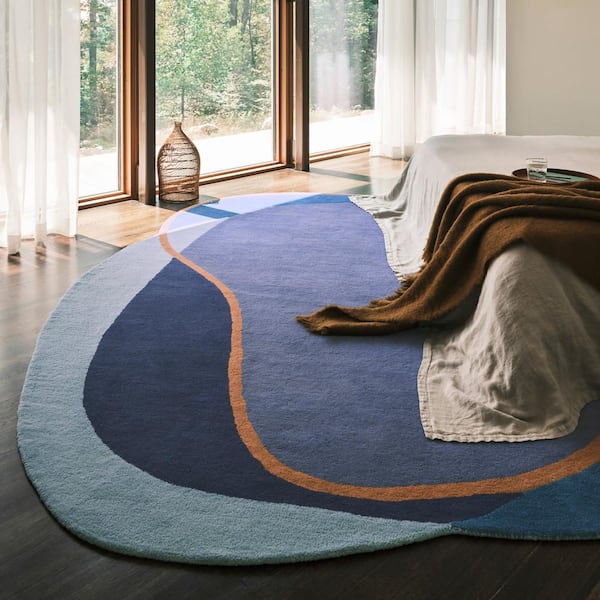 Prabal Gurung Greenwich Abstract Wool Blue Multicolor Shaped 5 ft. x 8 ft. Indoor/Outdoor Patio Shaped Rug