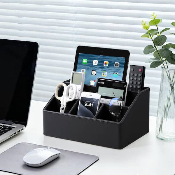 Black PU Leather Remote Control Holder with 5 Compartments，7inx5. 5in