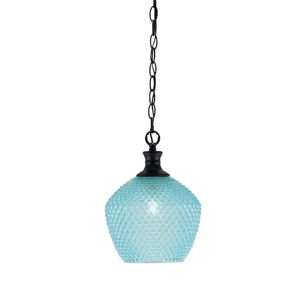 Unbranded Tyler 60-Watt 1-Light Matte Black Chain Mini Pendant Light with Turquoise Textured Glass Shade