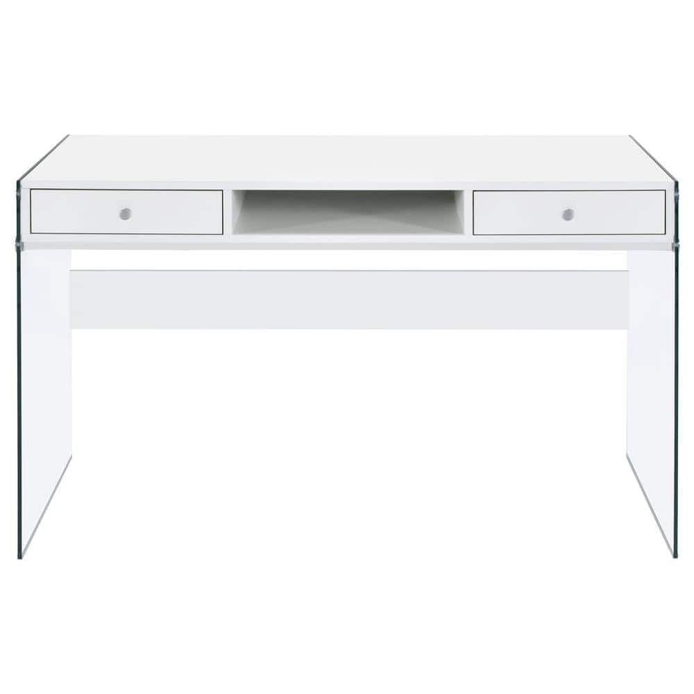 Contemporary Glossy White Home Office Desk with Tempered Glass Supports
