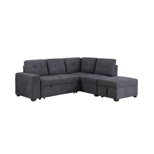 SIMPLE RELAX Sadie 88 in. Square Arm 1-Piece Fabric L-Shaped Sectional Sofa in Gray with Convertible