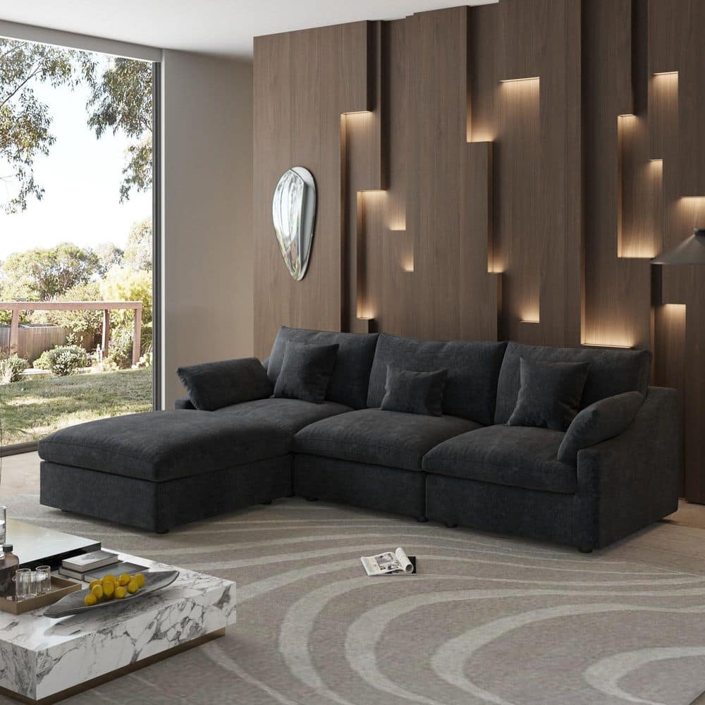 Sectional Sofa 4-Piece Linen L-Shaped Modular Free Combination Living Room Set Black with Removeble Covers