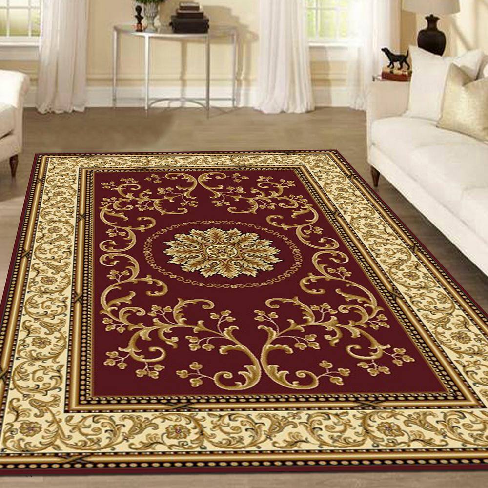 Burgundy and Ivory Synthetic Reversible Rectangular Area Rug