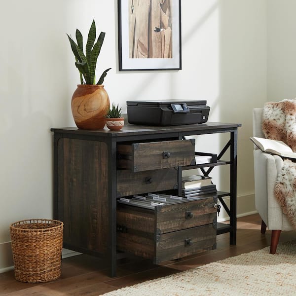 SAUDER Steel River Carbon Oak Accent Cabinet with File Storage and Metal Frame