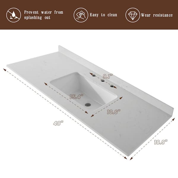 TONYRENA Modern 48 in. W x 18.9 in. D Engineered Stone Countertop White Rectangular Single Sink Bathroom Vanity Top in White