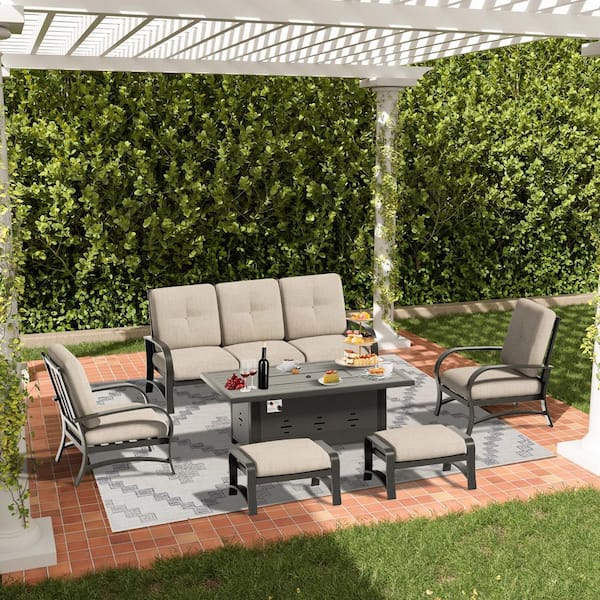 ULAX FURNITURE 6-Piece Outdoor Conversation Set with Fire Pit Table