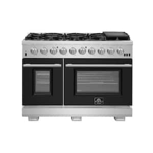 Capriasca 48 in 8 Burner Double Oven Dual Fuel Range with Gas Stove and Electric Oven in Stainless Steel with Black Door