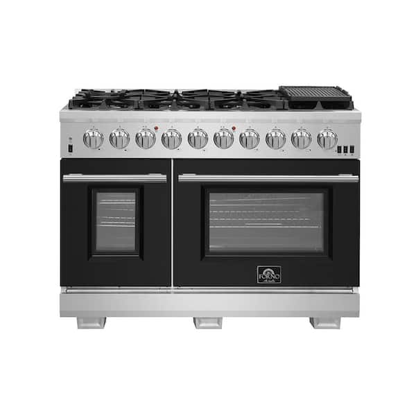 Forno Capriasca 48 in 8 Burner Double Oven Dual Fuel Range with Gas Stove and Electric Oven in Stainless Steel with Black Door