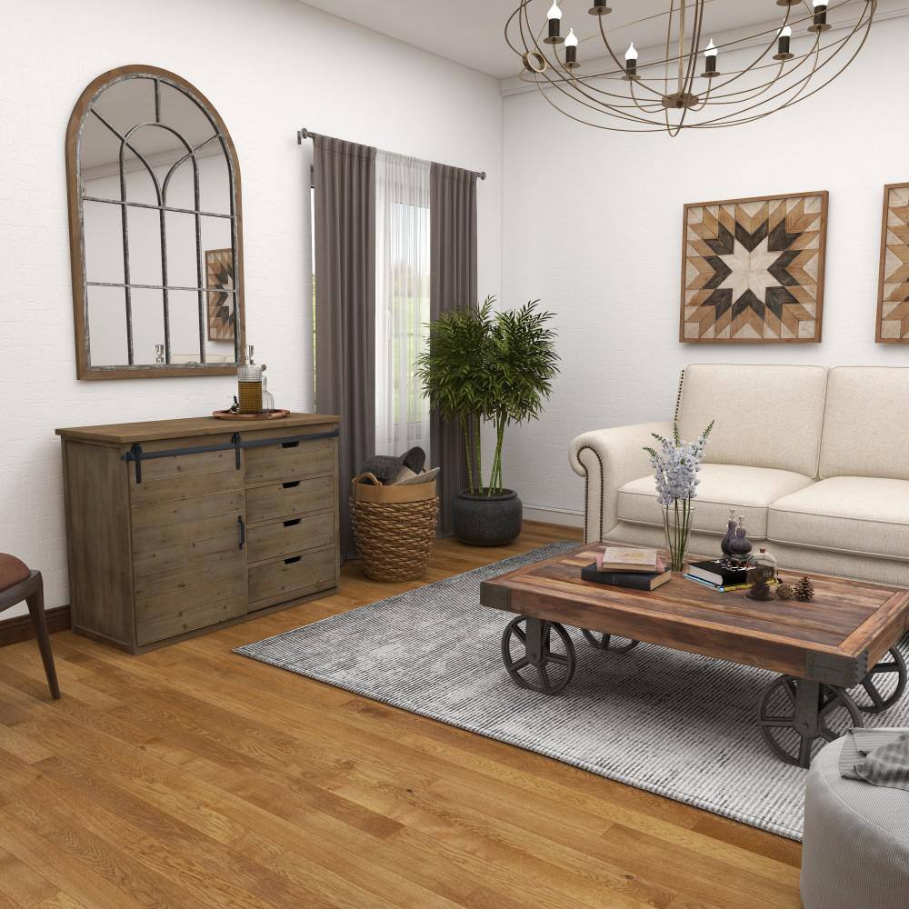 Brown Fir Wood Rustic Cabinet with Drawers and Sliding Door
