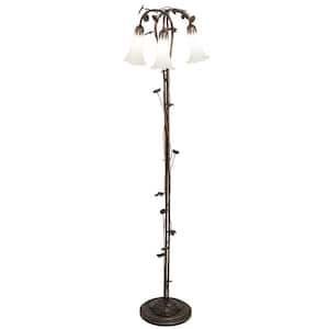 Pond Lily 58 in. Mahogany Bronze Victorian 3-Light Dimmable Arc Floor Lamp with Glass Cone Shade