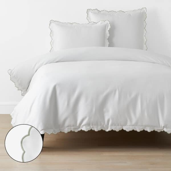 The Company Store Company Cotton Embroidered Scallop Light Sage Full Sateen Duvet Cover