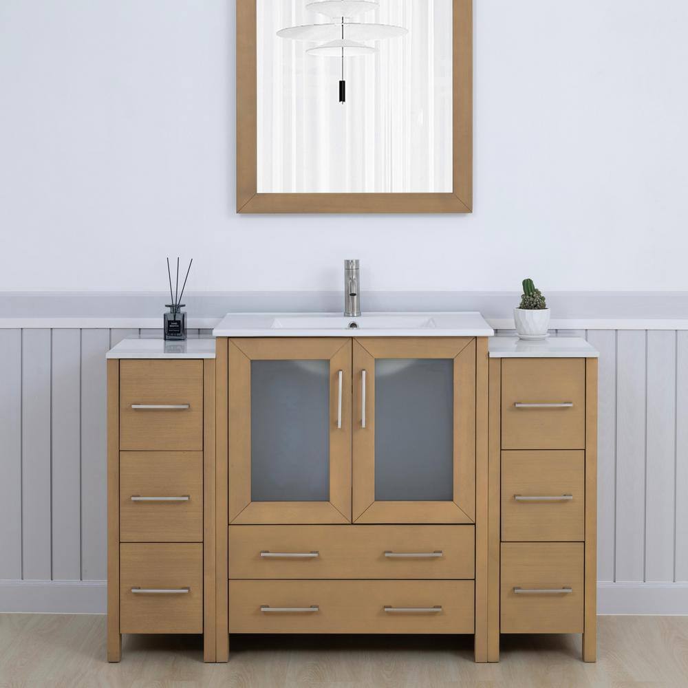 Natural Oak and White Ceramic 54" Single Bathroom Vanity with Mirror