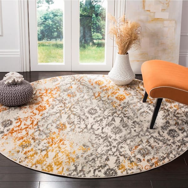 Madison Cream/Orange 5 ft. x 5 ft. Round Floral Area Rug