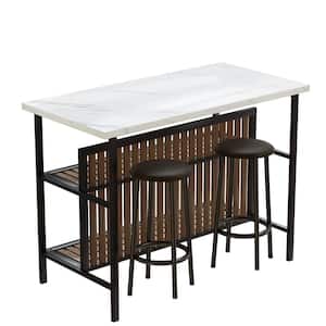 Greenwood Marble White Kitchen Island Set with Faux Marble Top and 2 Stools
