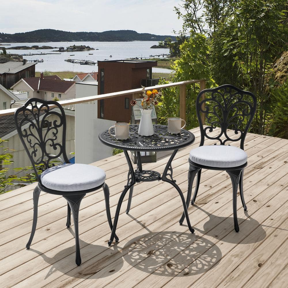 Nuu Garden Black 3 Piece Cast Aluminum Outdoor Bistro Set with Gray Cushions 24 in. Round Table and 2 Armless Chairs SCD006WKL 04GR The Home Depot