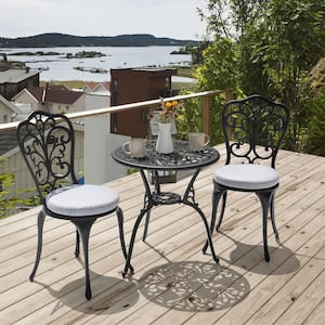 Black 3-Piece Cast Aluminum Outdoor Bistro Set with Gray Cushions, 24 in. Round Table and 2 Armless Chairs