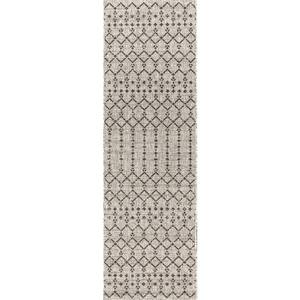 Ourika Moroccan Geometric Textured Weave Light Gray/Black 2 ft. x 10 ft. Indoor/Outdoor Runner Rug