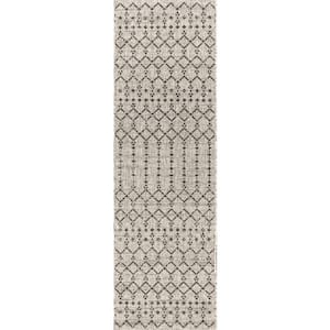 Light Gray/Black 2 ft. x 20 ft. Runner Ourika Moroccan Geometric Textured Weave Indoor/Outdoor Area Rug