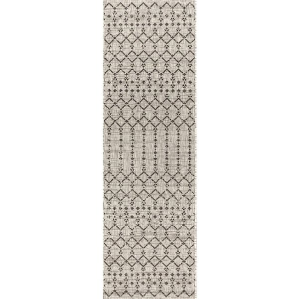 Ourika Moroccan Geometric Textured Weave Indoor/Outdoor Light Gray/Black 2 ft. x 8 ft. Runner Rug