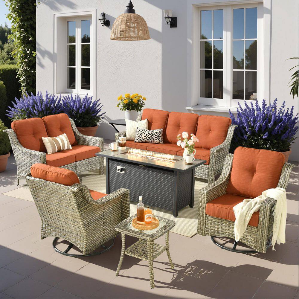 Eureka 6-Piece Wicker Patio Conversation Sofa Seating Set with Metal Fire Pit Table and Orange Red Cushions price history on PriceWatchPro