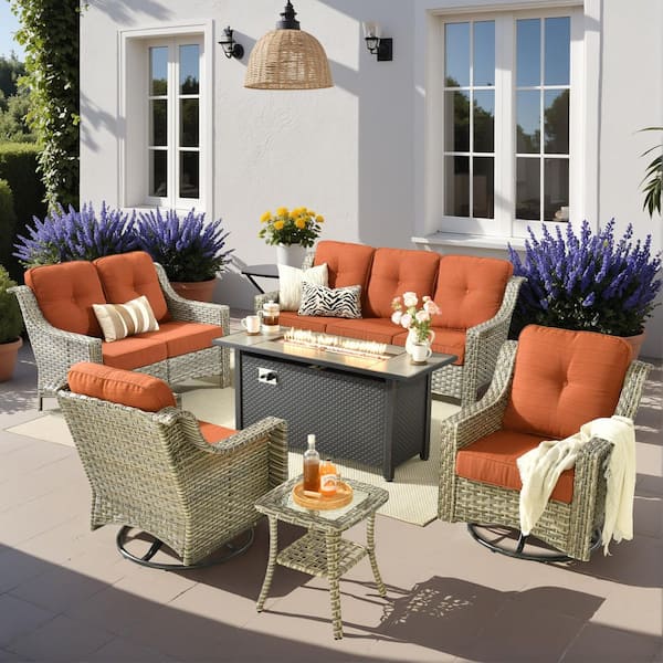 Eureka 6-Piece Wicker Patio Conversation Sofa Seating Set with Metal Fire Pit Table and Orange Red Cushions