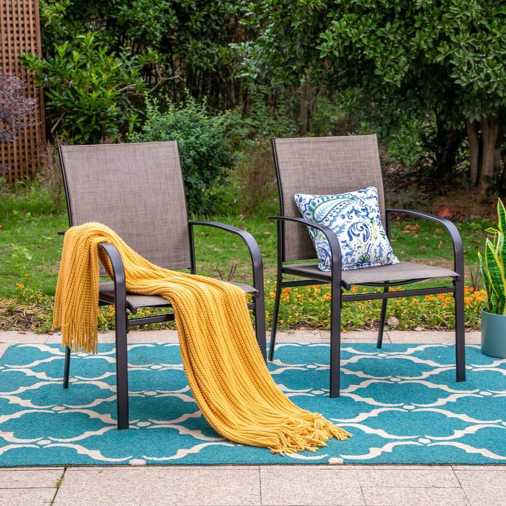 Black Steel Outdoor Dining Armchair with Brown Cushions